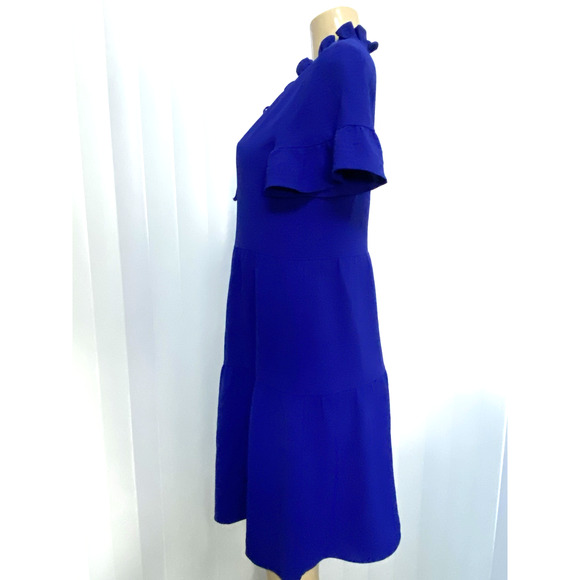DKNY Tie Neck Dress Berry Blue Mini Short Sleeve Ruffled Tiered 6 S - Picture 4 of 8